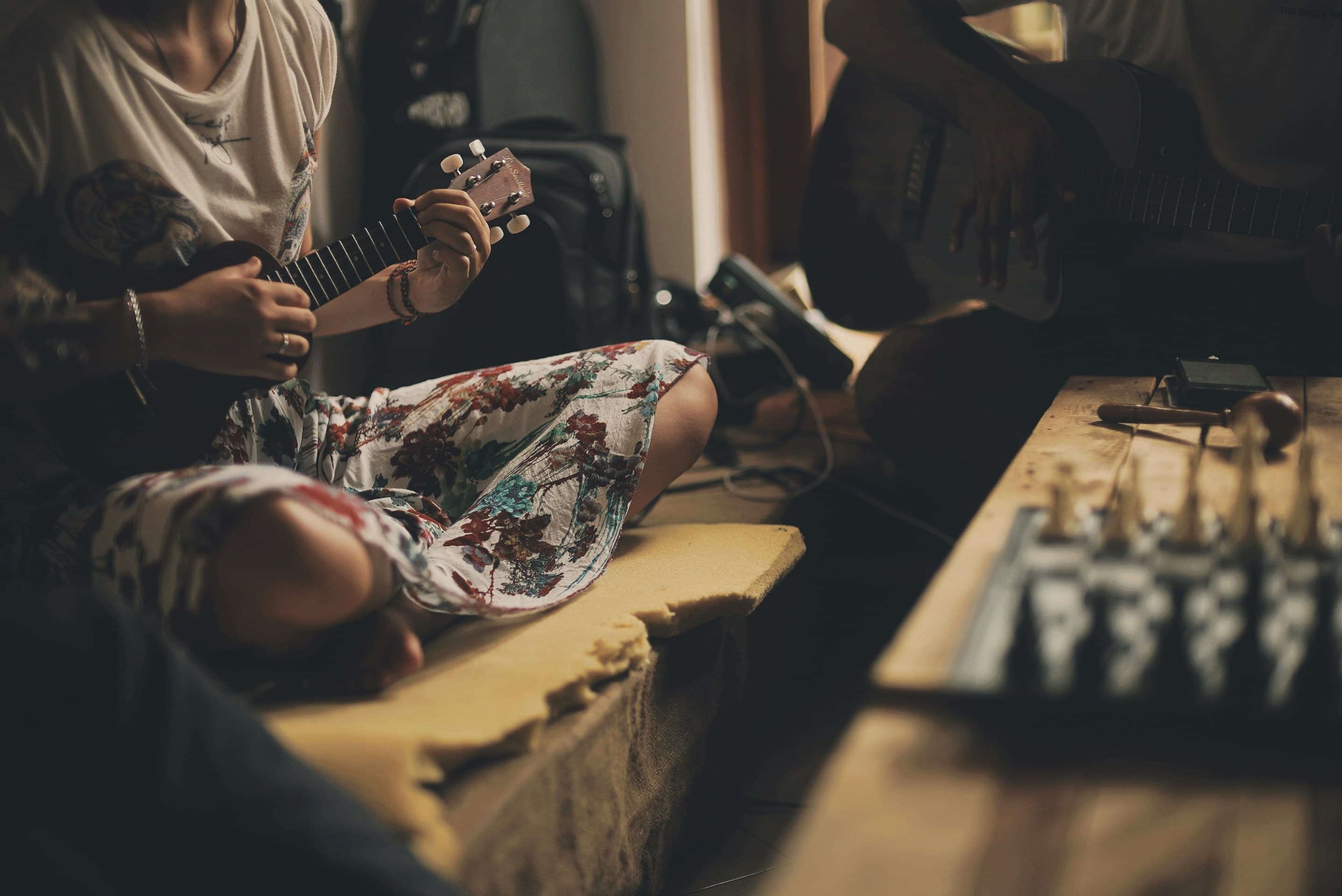 Musicians jamming in warm afternoon light